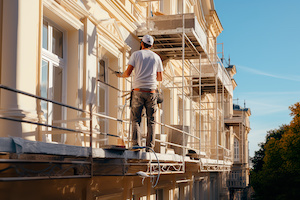 Bild på arbetare som renoverar en fasad